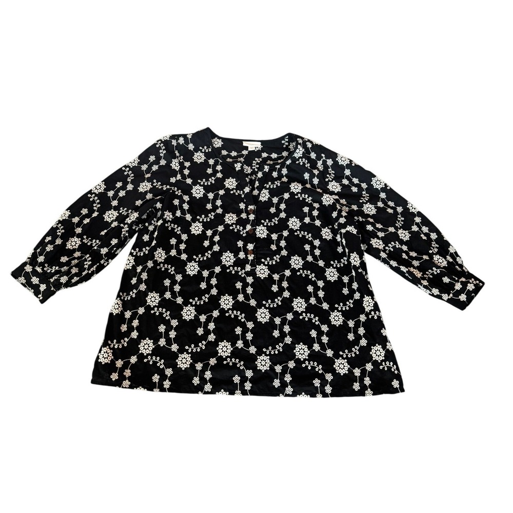 J. Jill Womens Black White‎ Floral Embroidered Cotton Popover Blouse Top SZ M